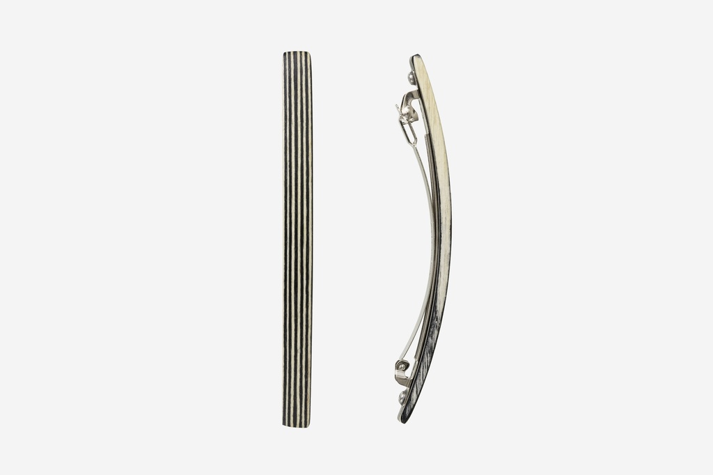 Haarspange schmal, Design Stripe, schwarz-weißes Furnierholz, Schließe 10cm