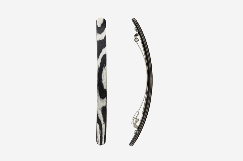 Haarspange schmal, Design Wave, schwarz-weißes Furnierholz, Schließe 10cm