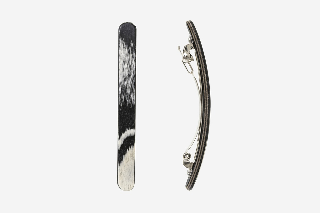 Haarspange schmal, Design Wave, schwarz-weißes Furnierholz, Schließe 6cm