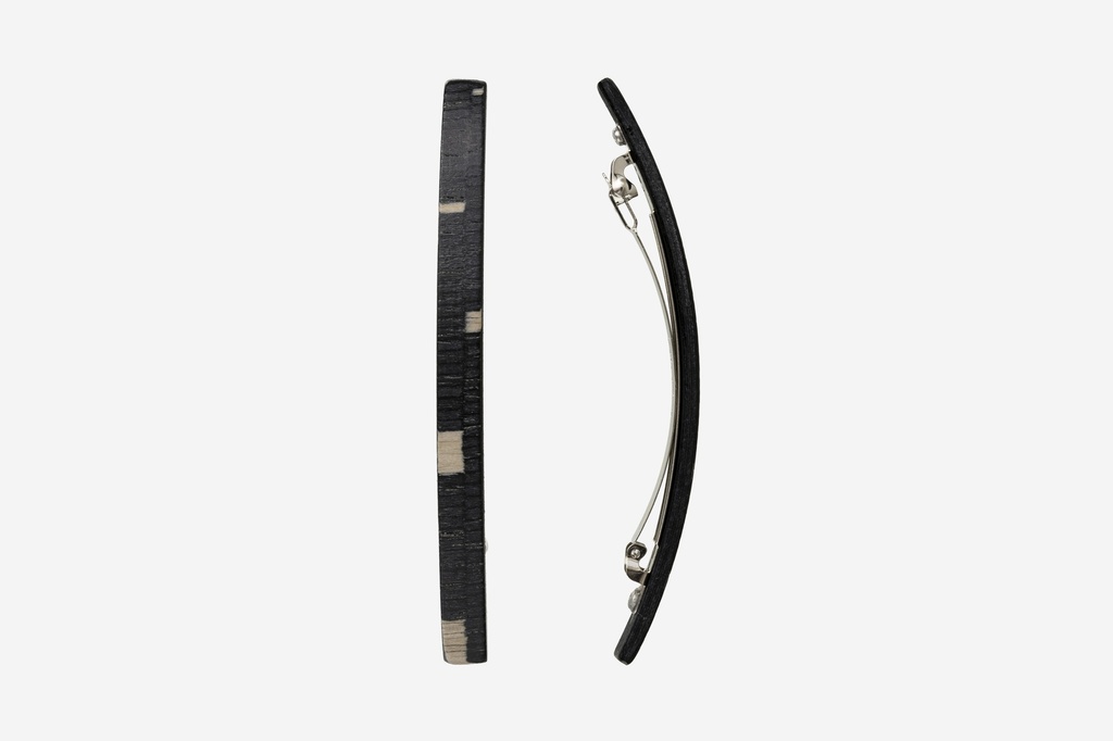 Haarspange schmal, Design Cloudy, schwarz-weißes Furnierholz, Schließe 10cm