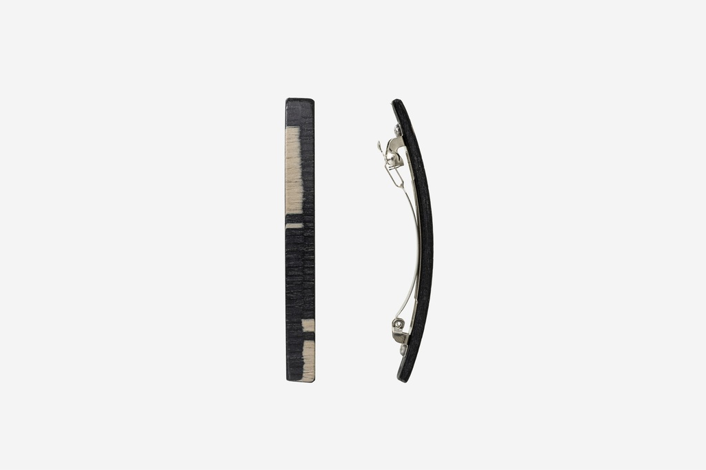 Haarspange schmal, Design Cloudy, schwarz-weißes Furnierholz, Schließe 6cm