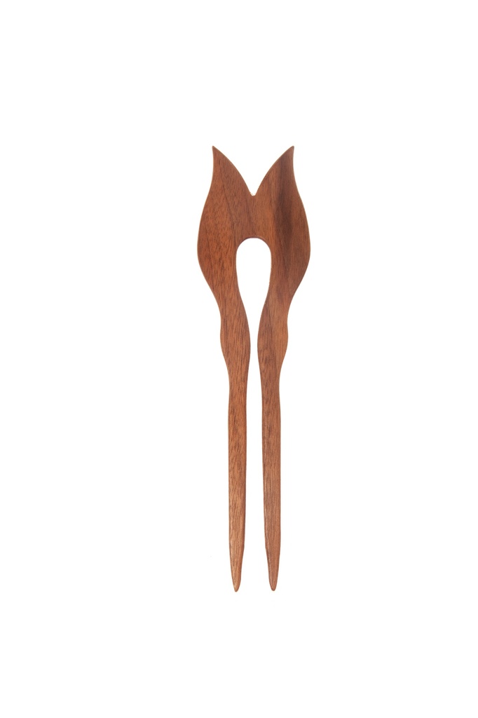 Doppelspieß, rund-tulpenförmig, 2-zinkig, verschiedene Naturhölzer, ca. 19cm